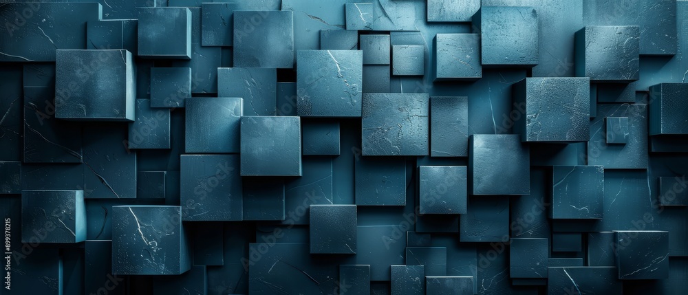 A wall composed of squares and rectangles in shades of blue, green, black, and white against a backdrop of unadorned black A wall composed of squares and rectangles in shades of blue, green, black, and white against a backdrop of unadorned black