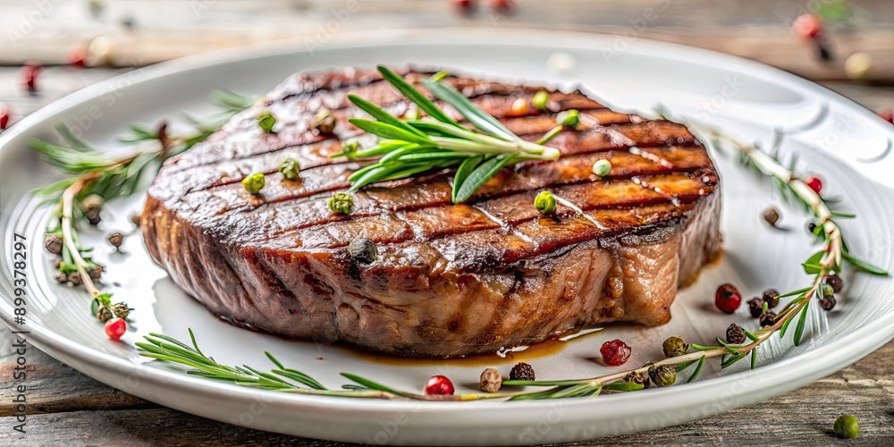 Close-up of a perfectly cooked steak with grill marks, garnished with herbs and served on a white plate , grilled, juicy Close-up of a perfectly cooked steak with grill marks, garnished with herbs and served on a white plate , grilled, juicy