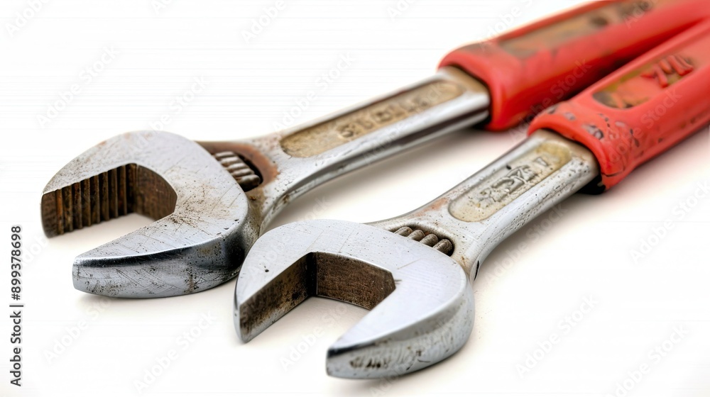 Close-Up of Adjustable Wrenches on a White Background Showing Detail and Design Close-Up of Adjustable Wrenches on a White Background Showing Detail and Design