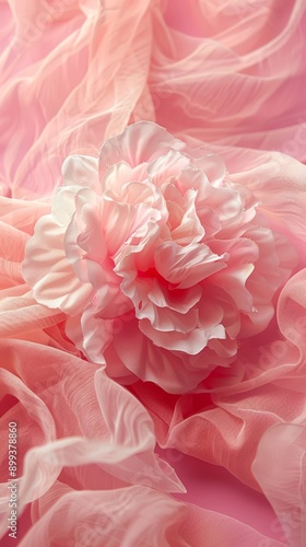  A large pink flower atop a bed of pink ruffles, resting on pink sheets