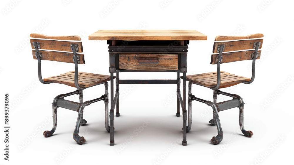 Fototapeta premium A vintage school desk with two chairs and an empty background