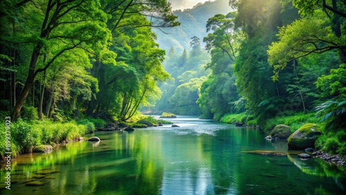 River flowing through a lush green forest , nature, landscape, scenery, river, water, trees, vegetation, peaceful