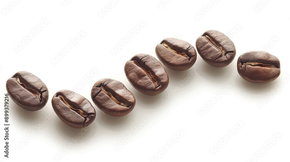 Seven Freshly Roasted Coffee Beans Arranged Neatly in a Row Seven Freshly Roasted Coffee Beans Arranged Neatly in a Row