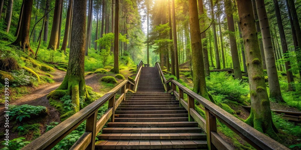 Fototapeta premium Stairway in the forest surrounded by tall trees and green foliage, staircase, nature, woodland, path, steps