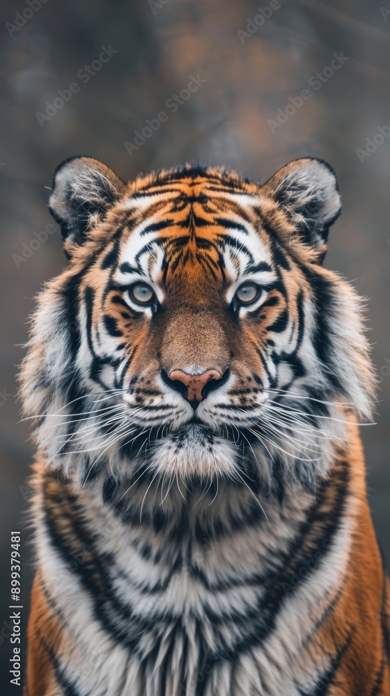 Obraz premium A tight shot of a tiger's intense gaze towards the camera, set against a softly blurred backdrop of the sky