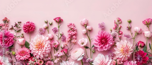  A pink background filled with a border and arrangement of pink and white flowers