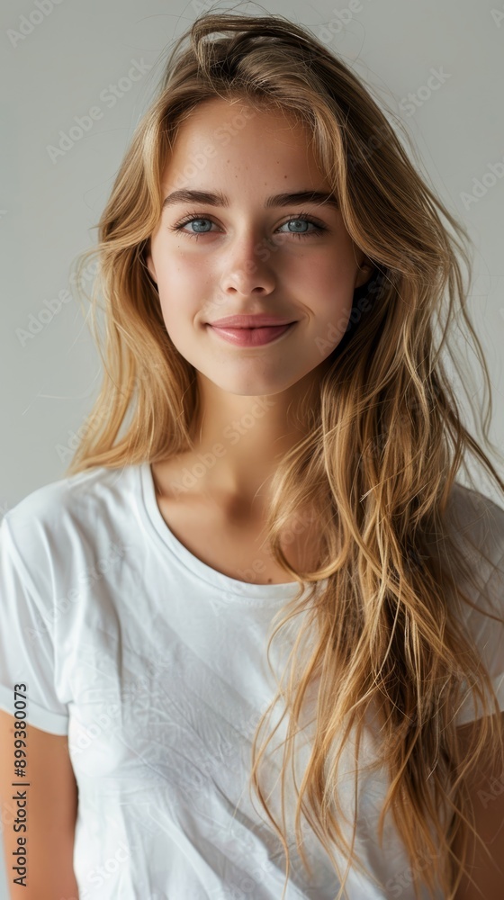  A woman with long blonde hair poses in a white T-shirt for an image, her hair billows in the wind