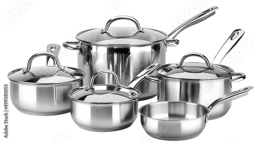 set of clean and shiny stainless steel pots and pans isolated on transparent background 