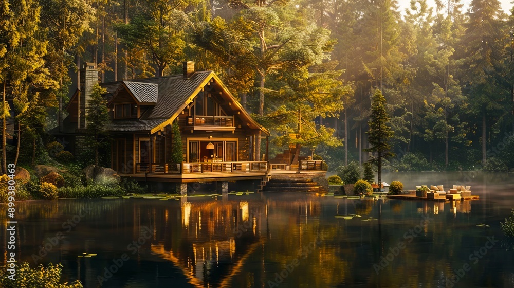 Fototapeta premium A house in the middle of a lake surrounded by trees