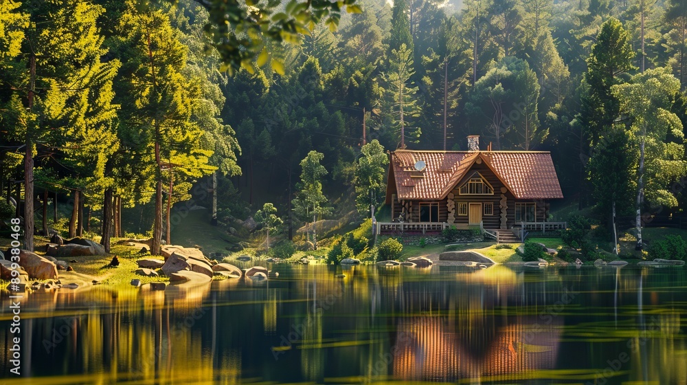 Fototapeta premium A log cabin sits on the shore of a lake surrounded by trees