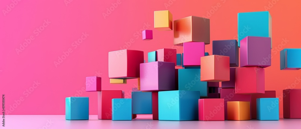  A stack of multicolored cubes rests on a pink-blue floor Nearby stands a pink-orange wall