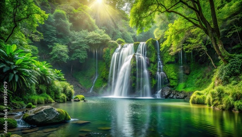 Enchanting waterfall in lush green forest , nature, landscape, serene, peaceful, flow, cascade, scenic, beauty