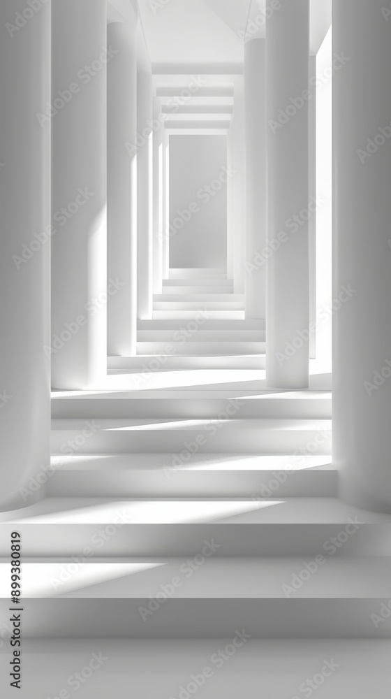 A white room with columns Light enters from room's end A white room with columns Light enters from room's end