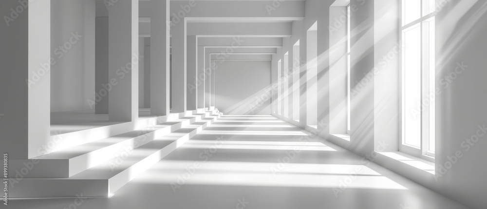 A long hallway flanks with rows of windows on each wall side, and white columns align on the opposite side A long hallway flanks with rows of windows on each wall side, and white columns align on the opposite side