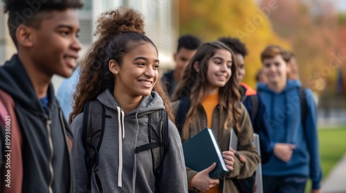 A group of teenagers, backpacks on their shoulders, outside their school. Their smiles and friendly gestures exemplify the inclusive and welcoming environment of modern educational institutions