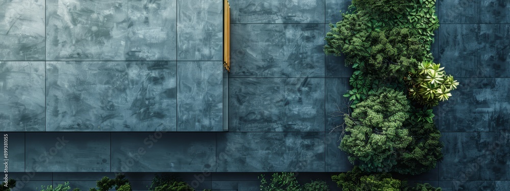 A building corner with a vertical green plant and a yellow umbella suspended from its side A building corner with a vertical green plant and a yellow umbella suspended from its side