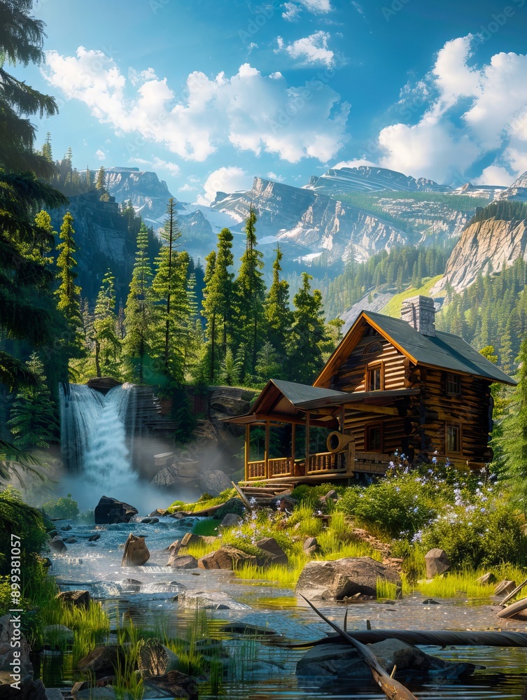 Fototapeta premium A cabin in the middle of a forest next to a waterfall