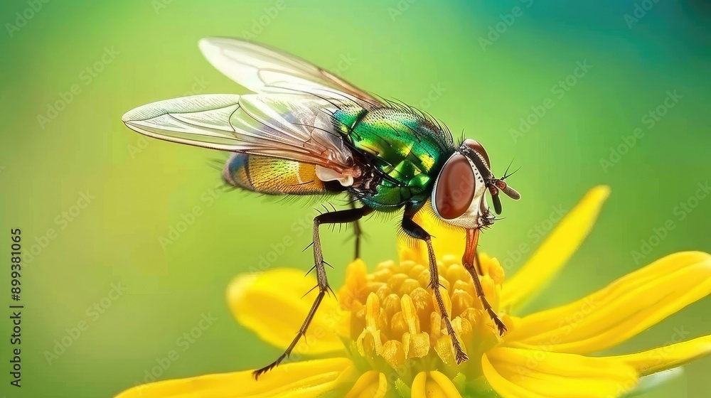 Close-Up View of a Vibrant Green Fly Pollinating a Bright Yellow Flower Close-Up View of a Vibrant Green Fly Pollinating a Bright Yellow Flower