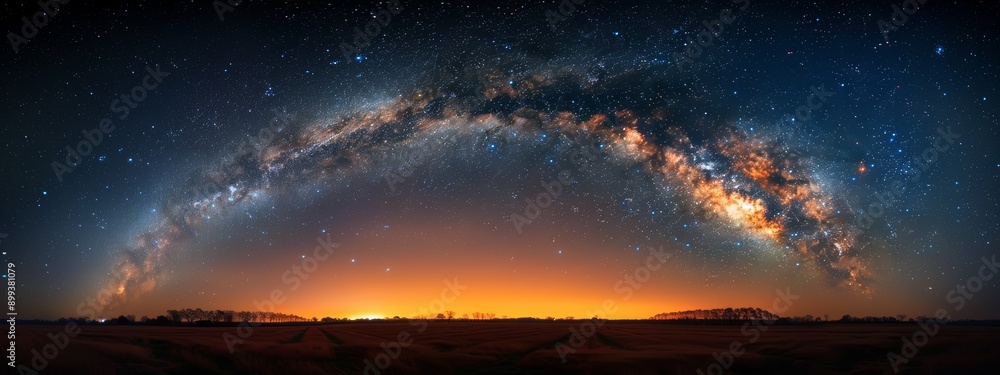 Fototapeta premium A view of the Milky Way in the foreground against a backdrop of a night sky, with a field and trees in the foreground