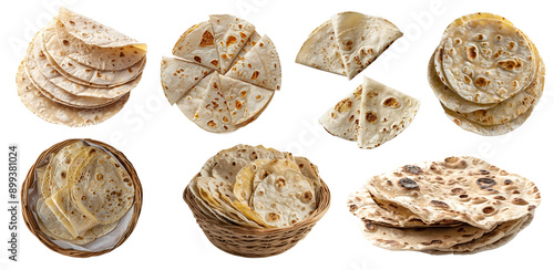 Tortilla tortillas flatbread bread bun on transparent cutout, PNG file. Many assorted different angles, stack, pile, basket, fold, wrap. Mockup template for artwork design photo