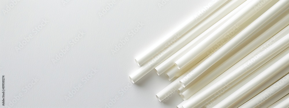 A cluster of white drinking straws aligned vertically on a pristine white tabletop A cluster of white drinking straws aligned vertically on a pristine white tabletop