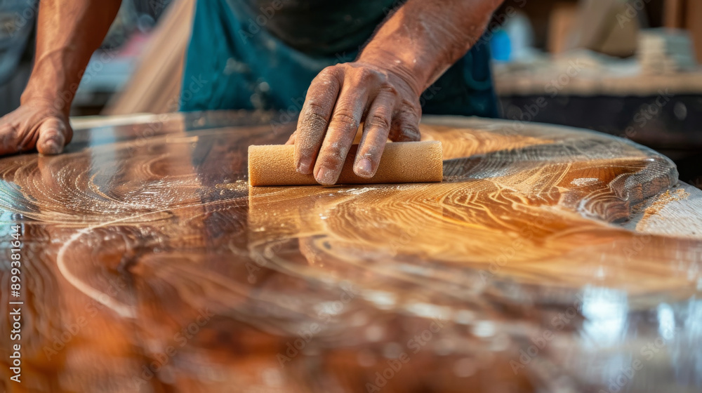 Person sanding a wooden surface in preparation for varnishing Person sanding a wooden surface in preparation for varnishing