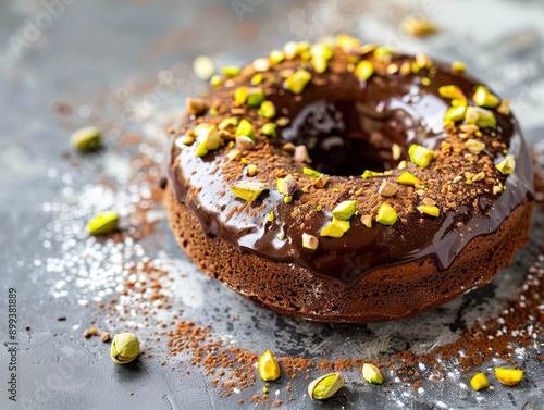 A chocolate donut with chocolate frosting and pistachios on top