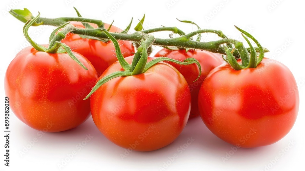 Freshly Harvested Cluster of Ripe Red Tomatoes Displayed on White Background Freshly Harvested Cluster of Ripe Red Tomatoes Displayed on White Background
