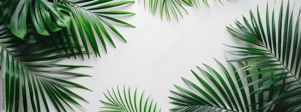 A clean white backdrop showcasing a cluster of verdant palm leaves Ideal for adding text or inserting images for wall display A clean white backdrop showcasing a cluster of verdant palm leaves Ideal for adding text or inserting images for wall display