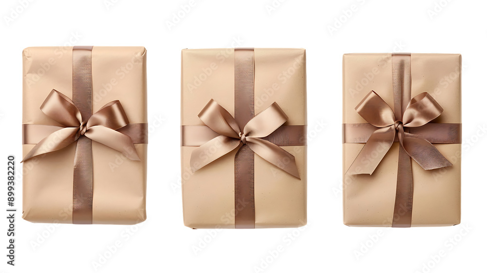 set of three gift boxes wrapped in craft paper and decorated with satin ribbon bows isolated on transparent background set of three gift boxes wrapped in craft paper and decorated with satin ribbon bows isolated on transparent background