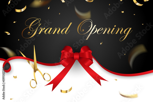 Grand opening card design with red ribbon and gold scissors, gold confetti sprinkles