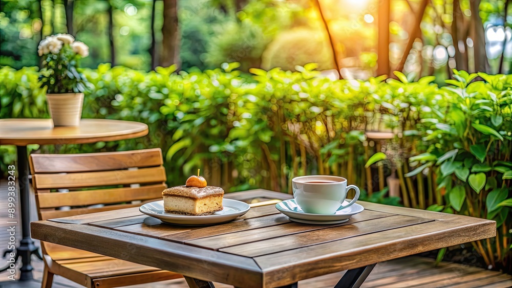 Fototapeta premium Cozy outdoor caf? setting with delicious coffee and cake served on a wooden table, outdoor caf?, cozy, delicious, coffee