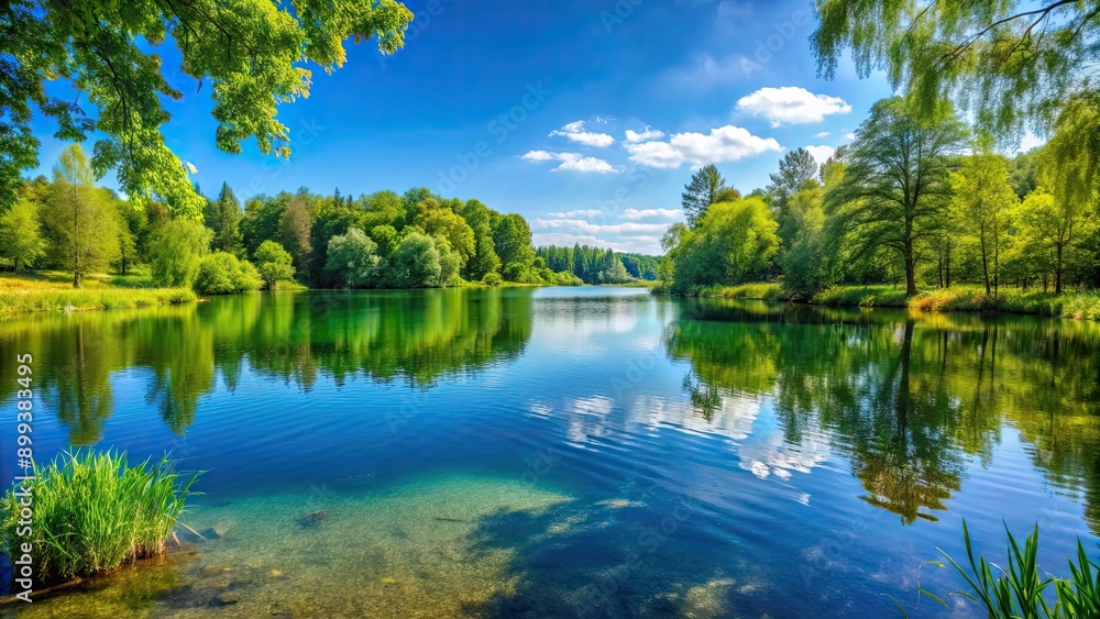 Scenic summer landscape with crystal clear lake, lush green trees, and clear blue sky , travel, summer, landscape, lake Scenic summer landscape with crystal clear lake, lush green trees, and clear blue sky , travel, summer, landscape, lake