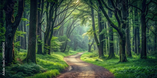 Fototapeta Naklejka Na Ścianę i Meble -  Dark moody forest with a winding path surrounded by green trees, a natural vintage outdoor background, forest, path, trees