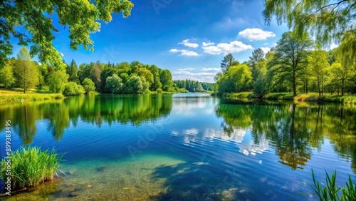 Scenic summer landscape with crystal clear lake, lush green trees, and clear blue sky , travel, summer, landscape, lake