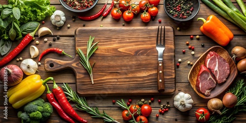 Empty cutting board with cooking knife and fork for meat Wooden board with copy space on it vegetables meat and spices around Ge photo