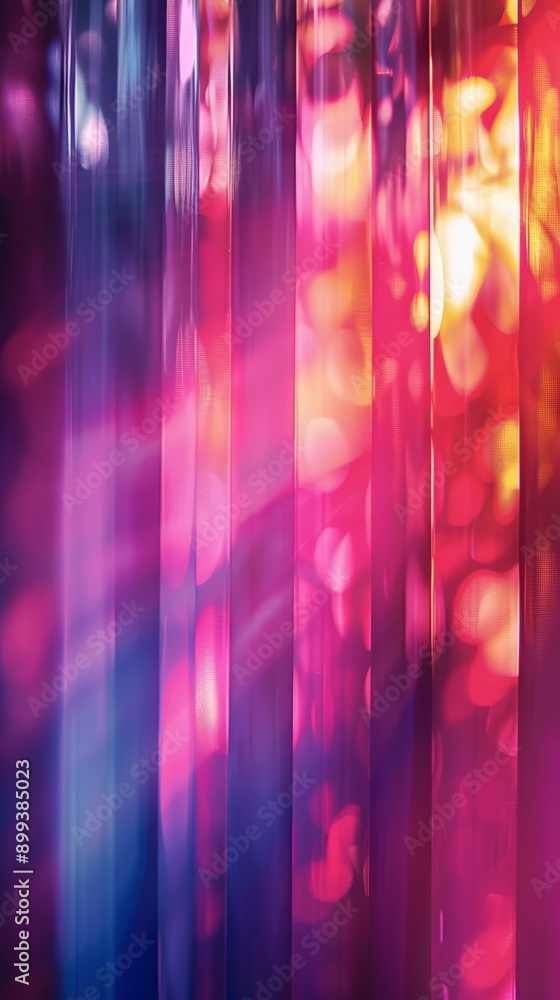 A tight shot of a multi-hued curtain, revealing a vaguely depicted building in the distance A tight shot of a multi-hued curtain, revealing a vaguely depicted building in the distance