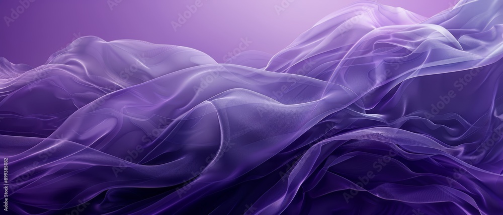 Fototapeta premium A purple background hosts a ripple of overlapping white and purple fabric waves, with a central white light beaming in the image