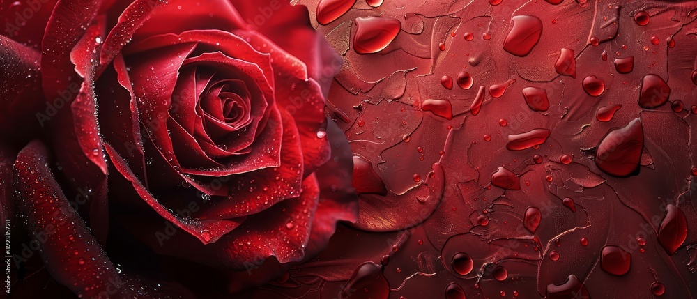 Naklejka premium A red rose with dewdrops, both close-up and in profile, adorned by drops of water