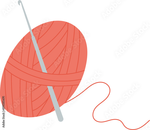 Knit yarn ball and needle icon, cartoon sewing craft supplies illustration, vector embroidery tool object, flat tailor decoration element, hand drawn dressmaking accessories design,