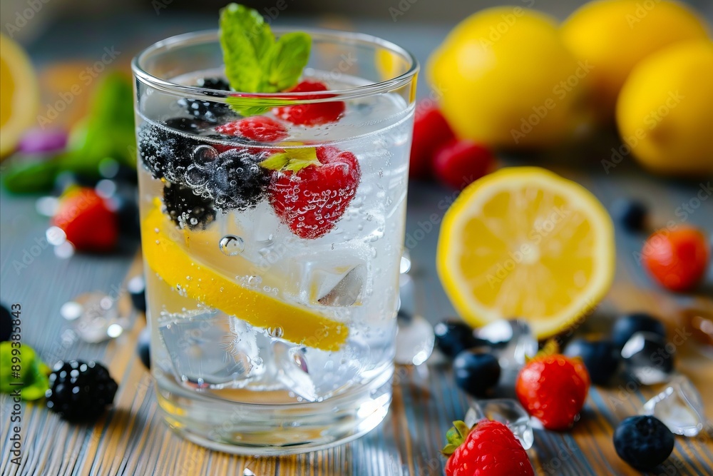 A glass of water with ice lemon berries and mint leaves A glass of water with ice lemon berries and mint leaves