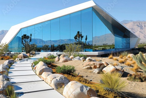 Modern glass house in a desert landscape with mountains and clear blue sky, featuring a unique architectural design and natural scenery. photo