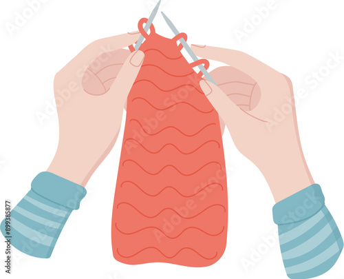 Hands embroidering logo, cartoon tailor tool illustration, doodle crochet decoration object, vector fashion accessories element, hand drawn dressmaking supplies design,