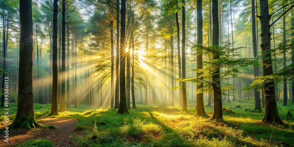 Obraz premium Serene morning scene in the forest with sunlight filtering through the trees, nature, trees, sunshine, peaceful, tranquil, greenery