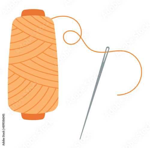 Thread needle and spool patch, cartoon tailor craft decoration element, doodle dressmaking tool design, flat fashion accessories illustration, hand drawn sewing supplies object,