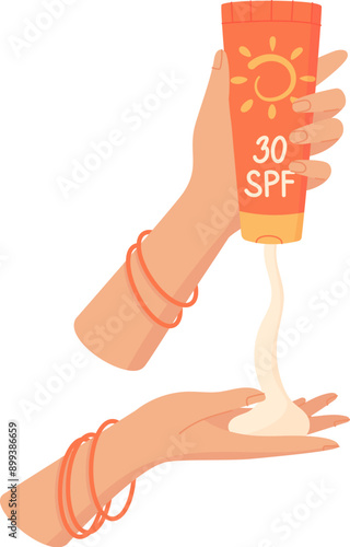 Hand squeeze spf lotion product, flat uv factor protection oil container, vector spf lotion product, creative solar block moisturizer bottle, cartoon sunblock cream tube,