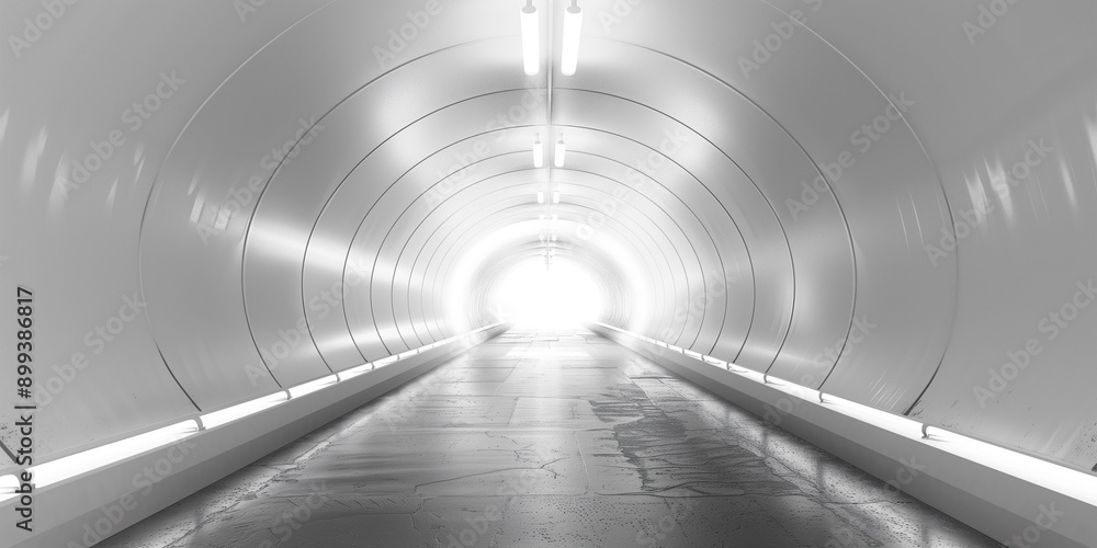 Empty white tunnel light room background. Abstract space tunnel interior. Modern perspective hall stage design. Futuristic neon road Empty white tunnel light room background. Abstract space tunnel interior. Modern perspective hall stage design. Futuristic neon road