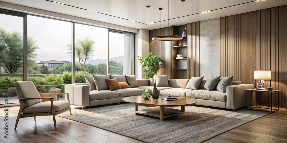Modern living room with minimalist design featuring neutral colors, sleek furniture, and plenty of natural light Modern living room with minimalist design featuring neutral colors, sleek furniture, and plenty of natural light