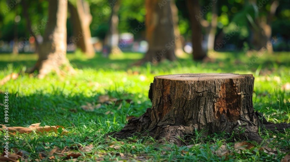 Tree Stump Surrounded by Lush Grass and Sunlit Trees in a Park in Autumn Tree Stump Surrounded by Lush Grass and Sunlit Trees in a Park in Autumn