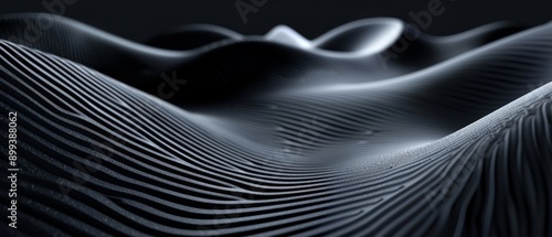  A monochrome image of undulating wave-like patterns on a textured, wavy surface